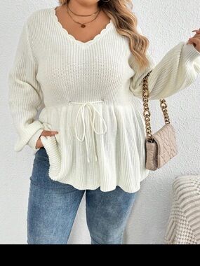 Cream V-Neck Peplum Knit Sweater